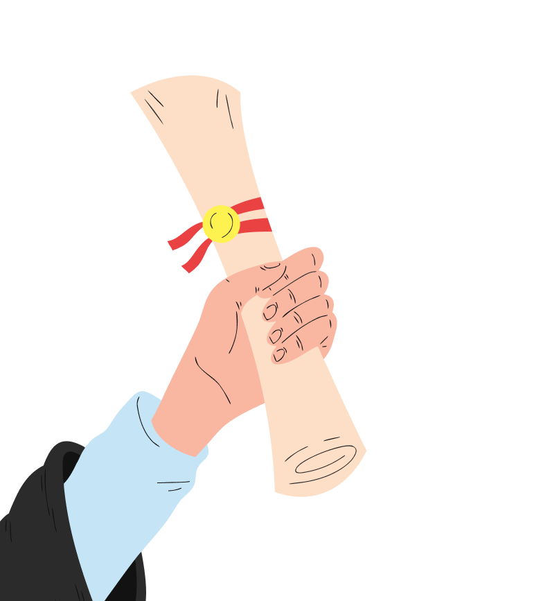 Illustration of a person holding a certificate with a red ribbon and yellow seal